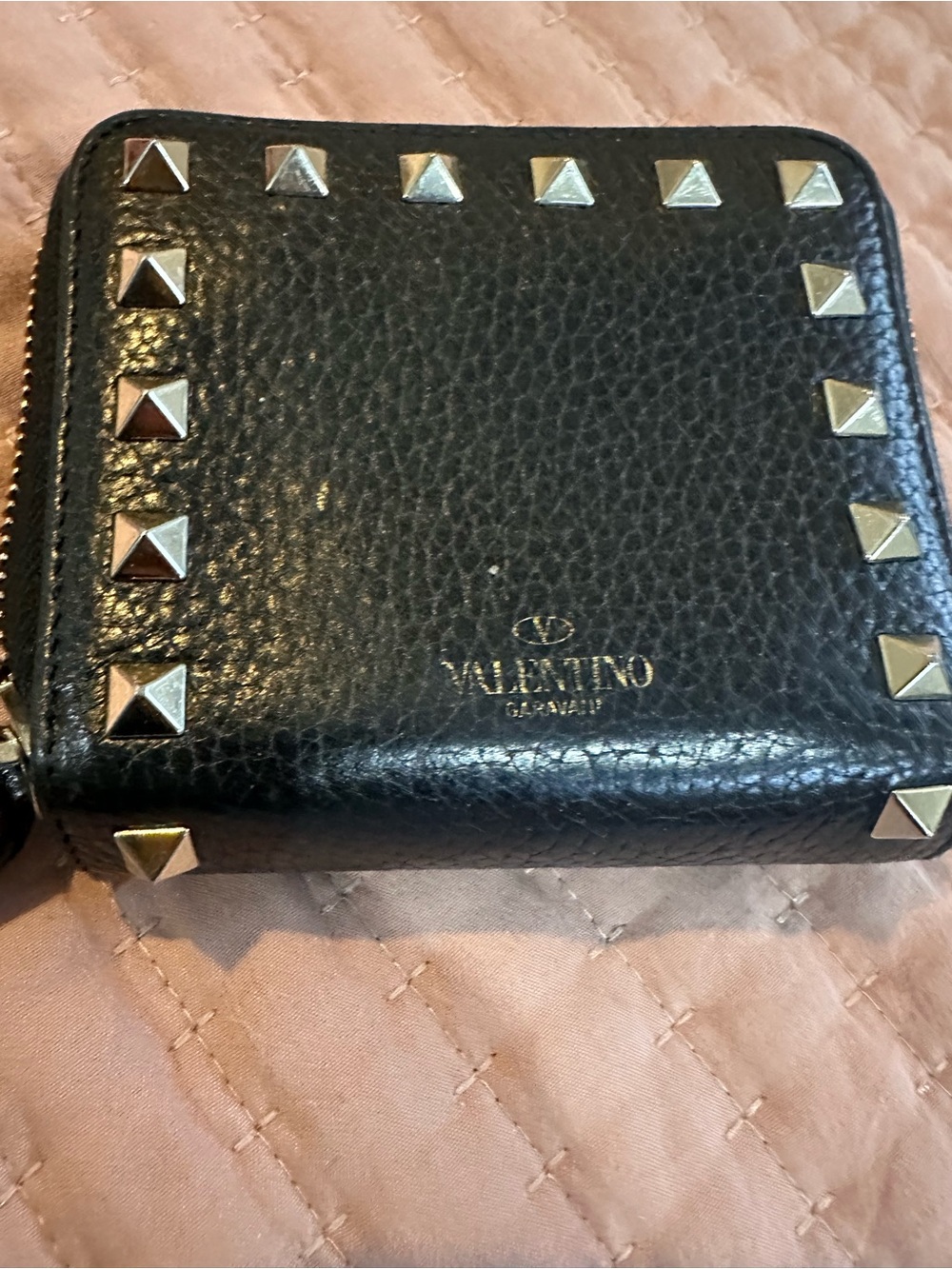 Valentino Black Pebbled Leather Rockstud Zip Wallet with Gold Studs